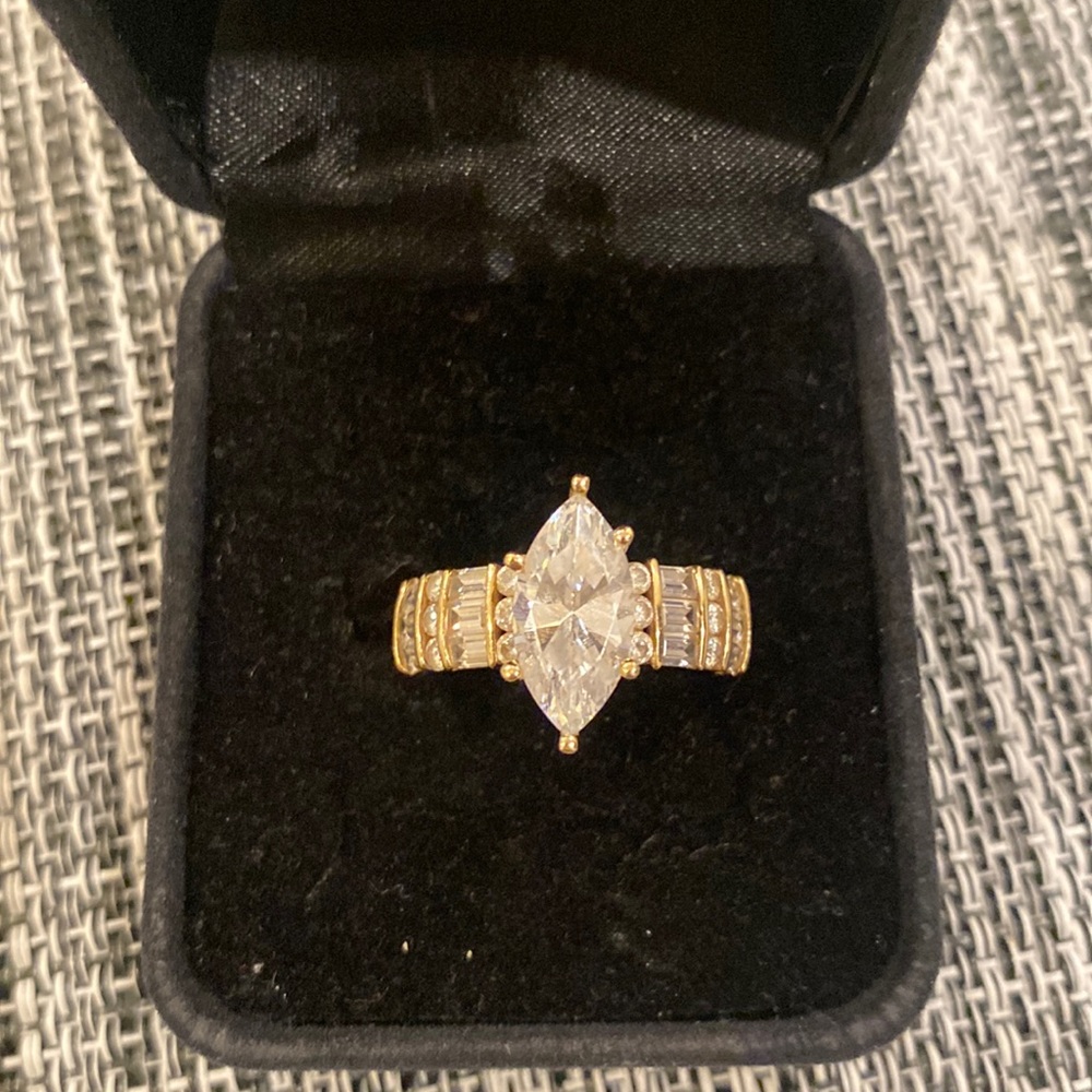 Marquise shaped Diamonique ring with baguettes and round stones.